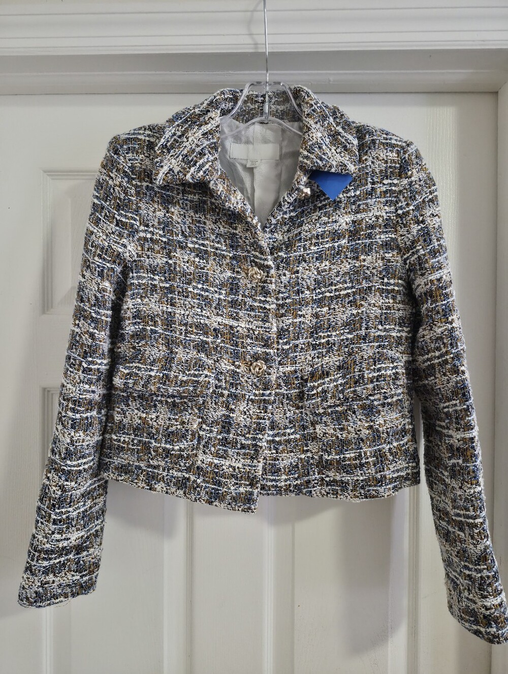 Zara Cropped Bouclé Tweed Blazer XS Blue White Gold Button Mobwife Chic